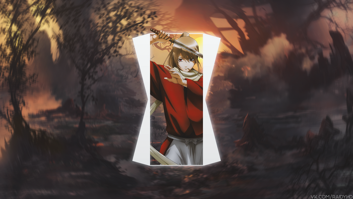 Anime boy with sword in red and white outfit