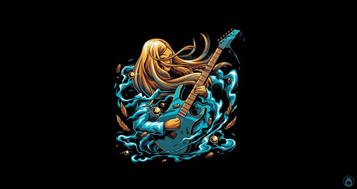 Woman playing electric guitar with flowing hair