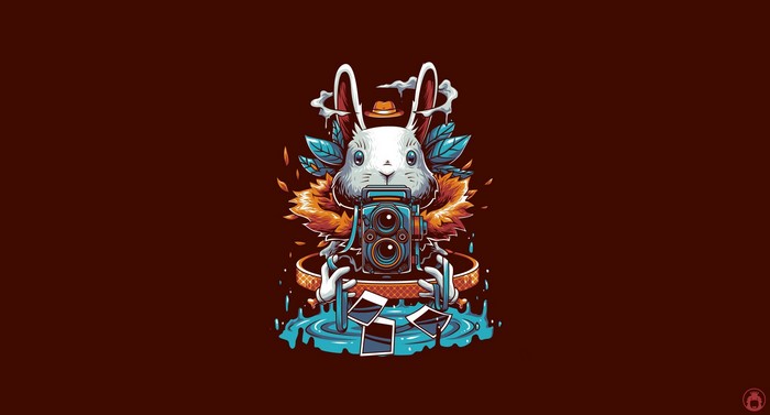 Rabbit with a vintage camera and photos