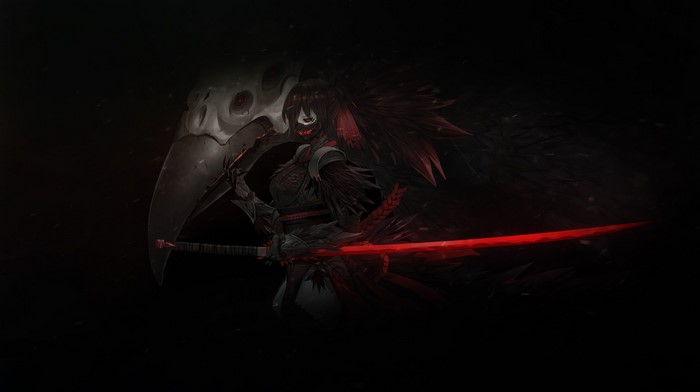 Dark fantasy art of a grim reaper with a red sword