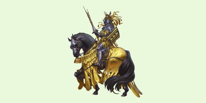 Knight in armor on a horse with golden trappings