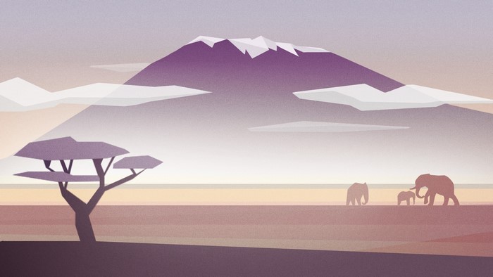 African landscape with elephants and a mountain