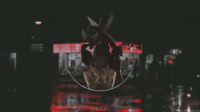 Anime boy with crows in front of T-Mobile store