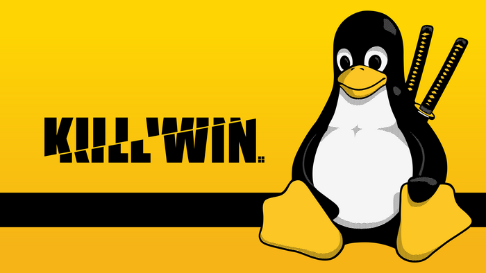 Tux the Linux penguin with swords and "Kill Bill" text