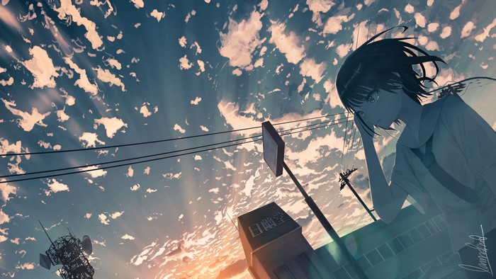 Anime girl looking up at cloudy sky