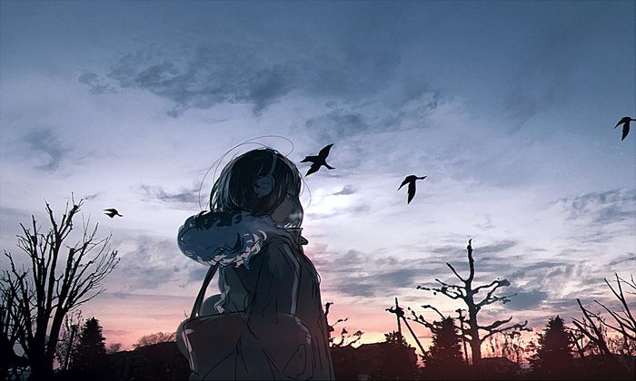 Anime girl with headphones and birds flying at sunset