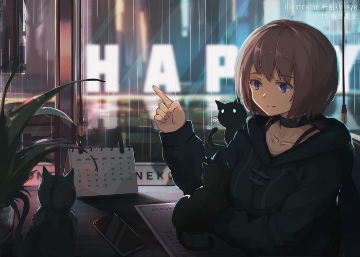 Anime girl with cats by the window