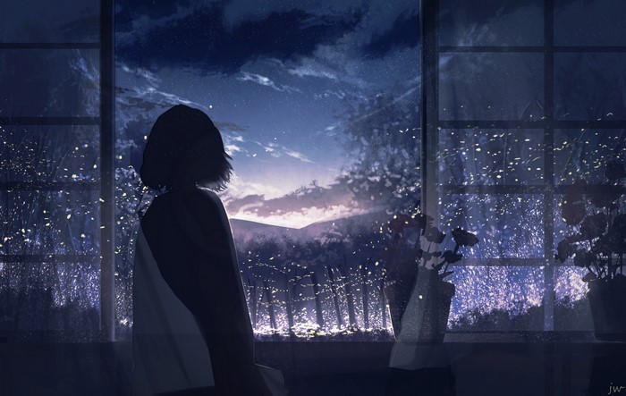 Anime Girl Silhouette Under Night Sky