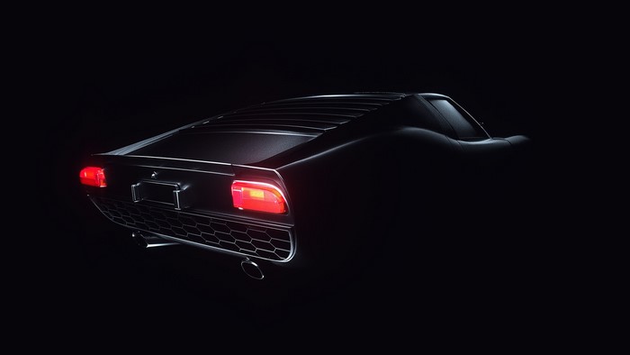 Black Lamborghini Miura rear view with red taillights