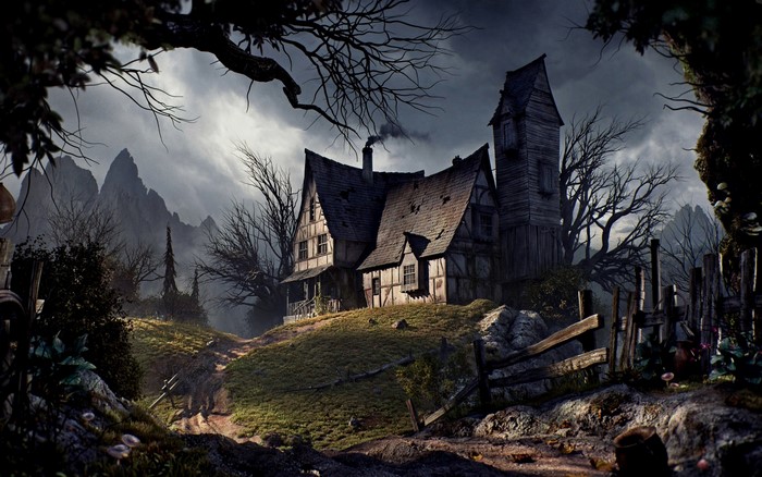 Digital art of a spooky house on a hill