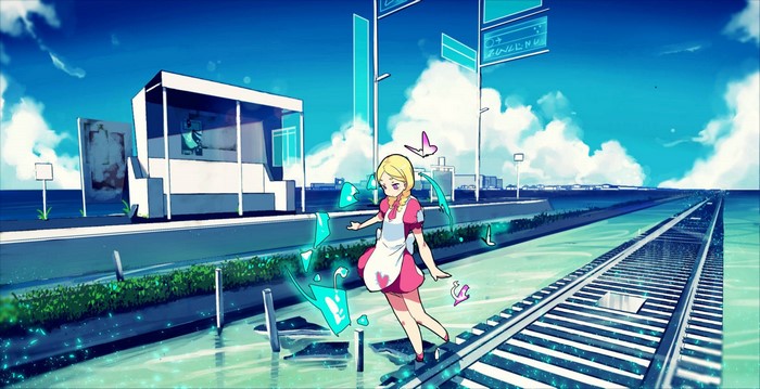 Anime girl with butterflies near a train station