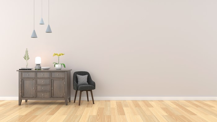 Interior scene with wooden floor and furniture