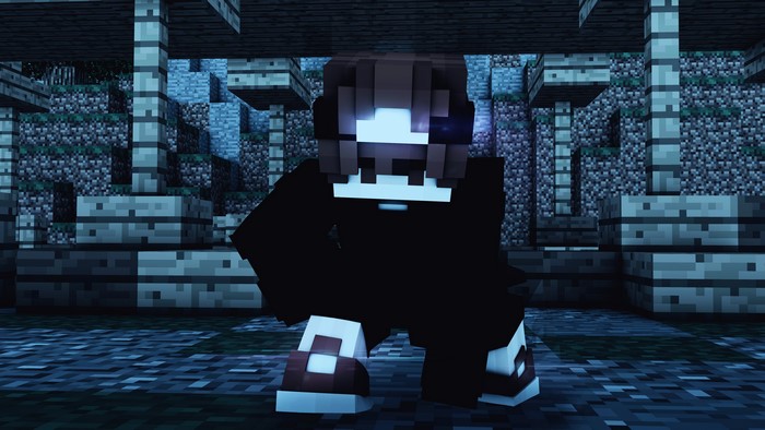 Minecraft character in a dark, stone structure at night