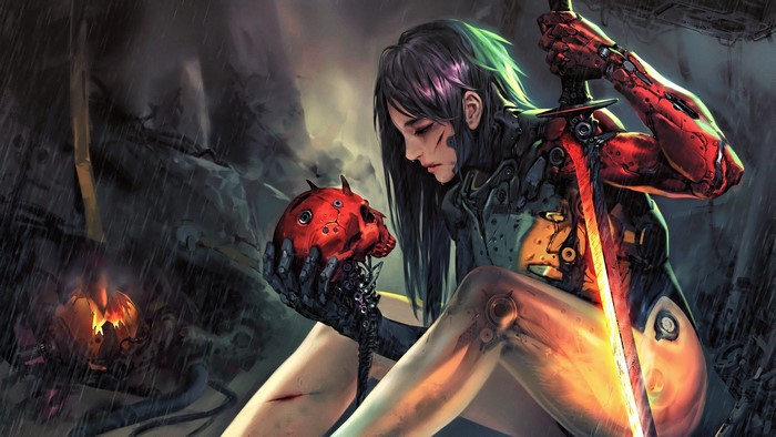 Cyberpunk woman holding a red skull with a glowing sword