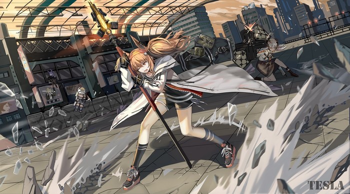 Anime girls with fox ears in a city battle