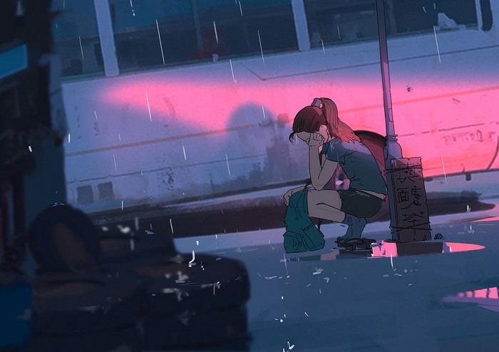 Girl crying in the rain