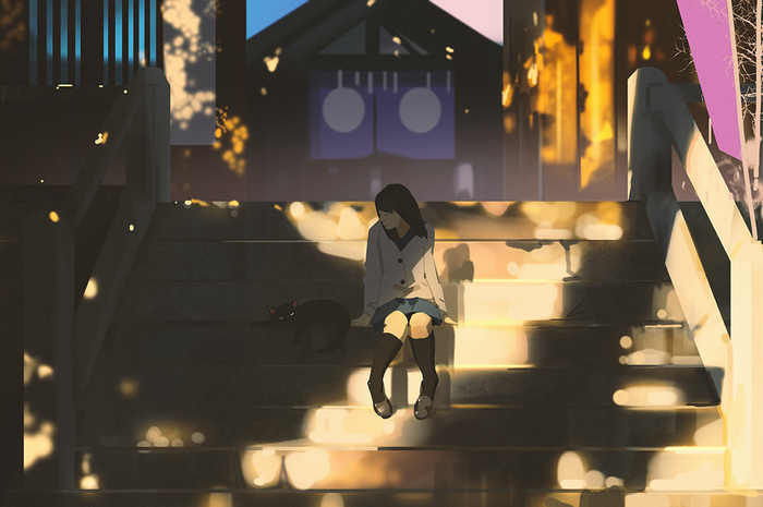 Girl and cat sitting on stairs