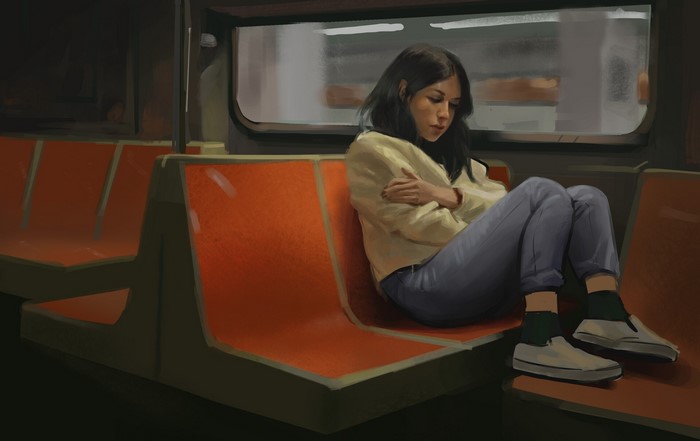 Artwork of a woman on a train