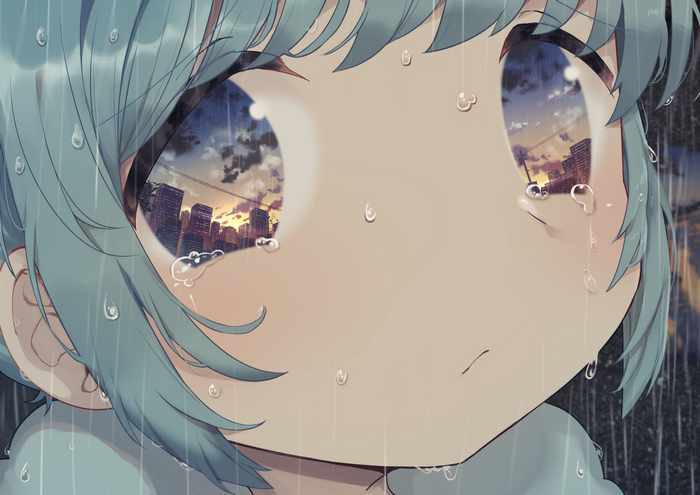 Girl with city reflection in eyes during rain