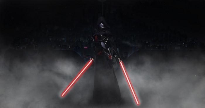 Sith Lord with two red lightsabers in a dark city