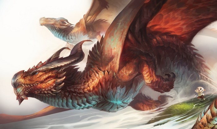 Two dragons flying with a small creature