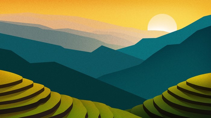 Terraced rice fields at sunset with mountains