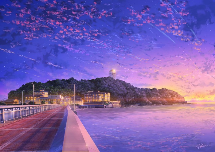 Anime landscape with lighthouse and bridge at sunset