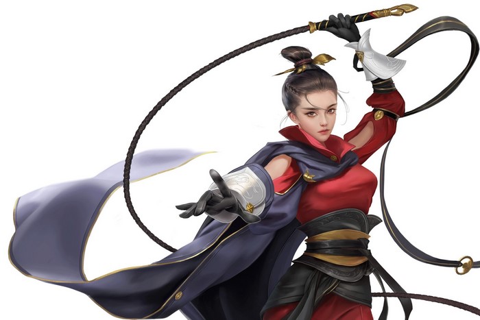 Fantasy woman with whip in traditional Chinese attire