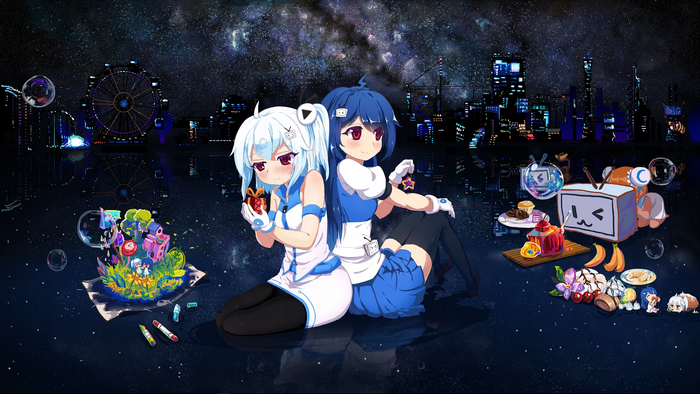Anime girls with cityscape and starry sky