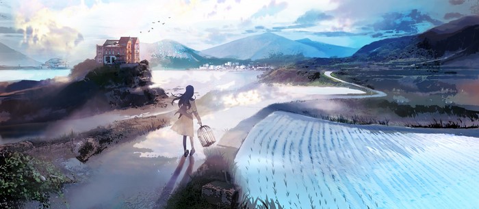 Anime girl with birdcage near a building