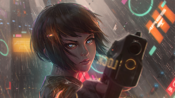 Anime girl with gun in futuristic city