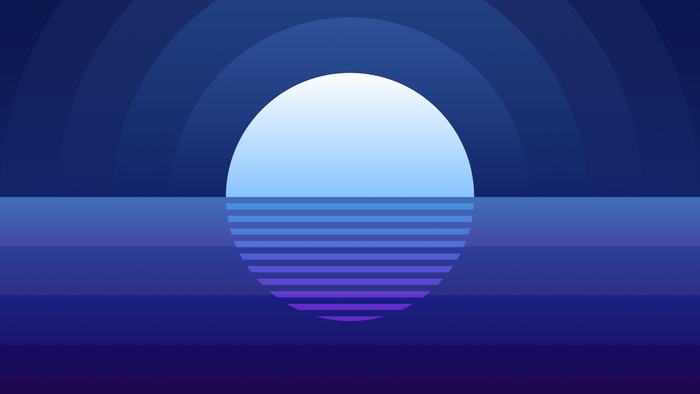Retrowave illustration of a glowing moon over the sea