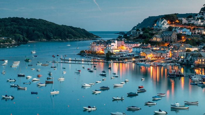 Boats in a harbor at dusk with a town on a hill