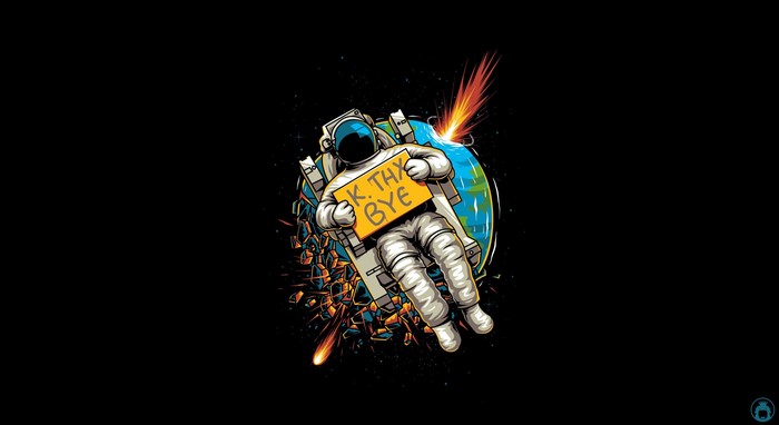 Astronaut leaving Earth with a sign