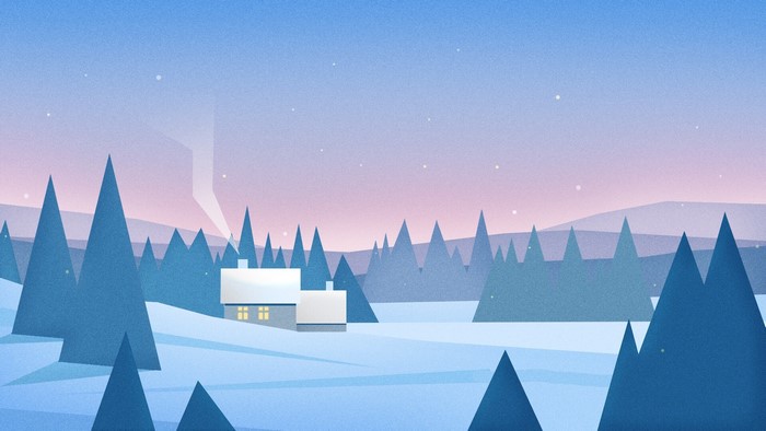 Winter landscape with houses and snow-covered trees