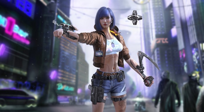 Cyborg woman with robotic arm and drone in futuristic city