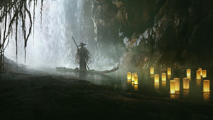 Figure in a boat in a cave with lanterns