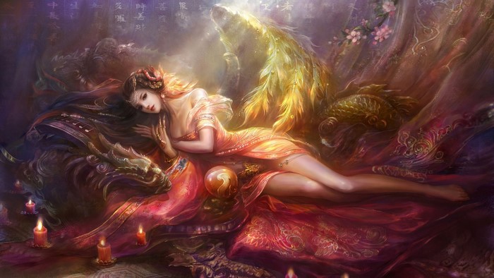 Fantasy woman with dragon and phoenix wings