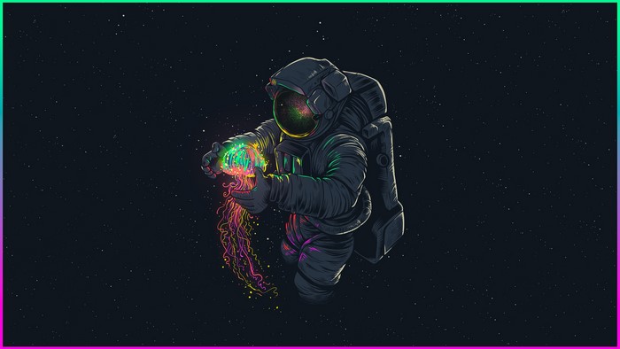 Astronaut holding a glowing jellyfish in space