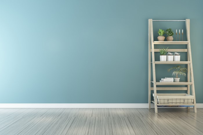 Ladder shelf with plants and decor against a blue wall