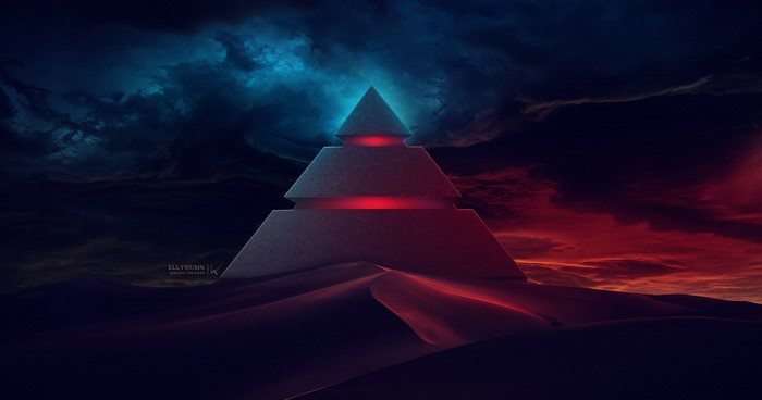 Pyramid in a desert with red and blue sky