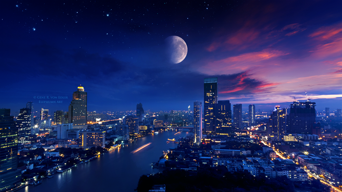 4K Digital Art Cityscape at Night with Moon
