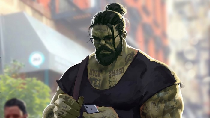 Hulk from Marvel Comics with glasses and smartphone