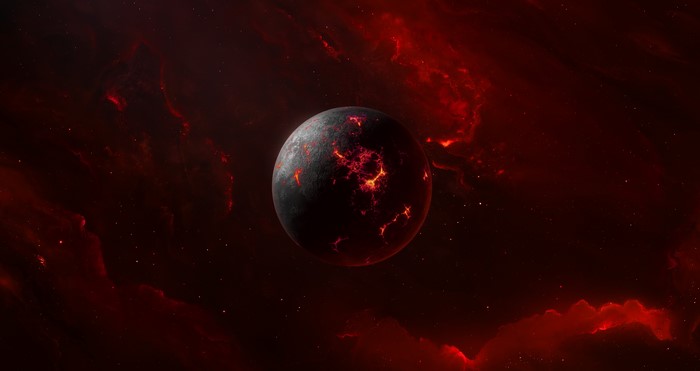 Volcanic planet in a red nebula