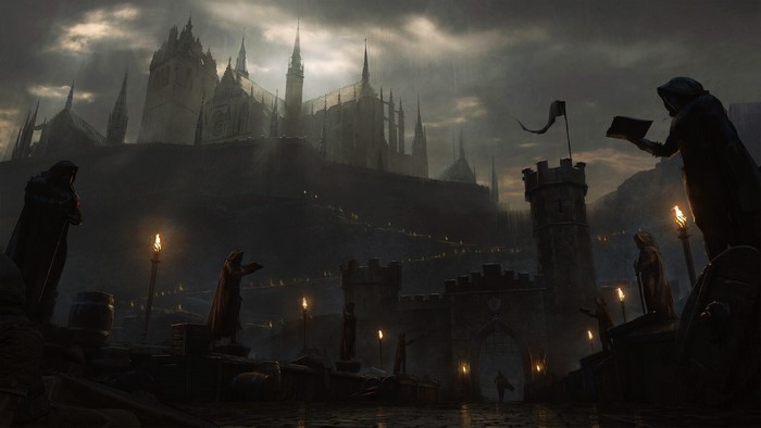 Dark fantasy castle with hooded figures and torches