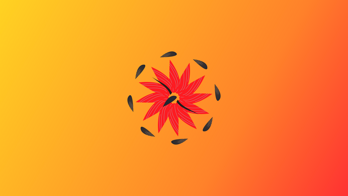 Abstract red flower with black seeds on orange background