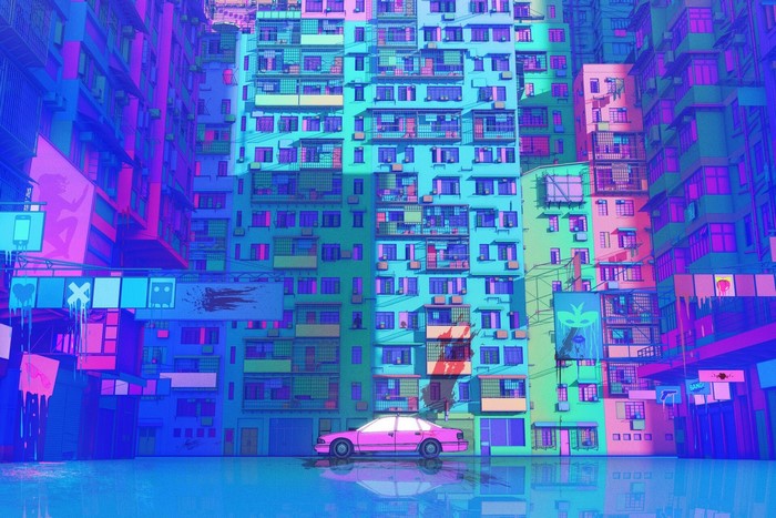 Neon cityscape with pink car and apartment buildings