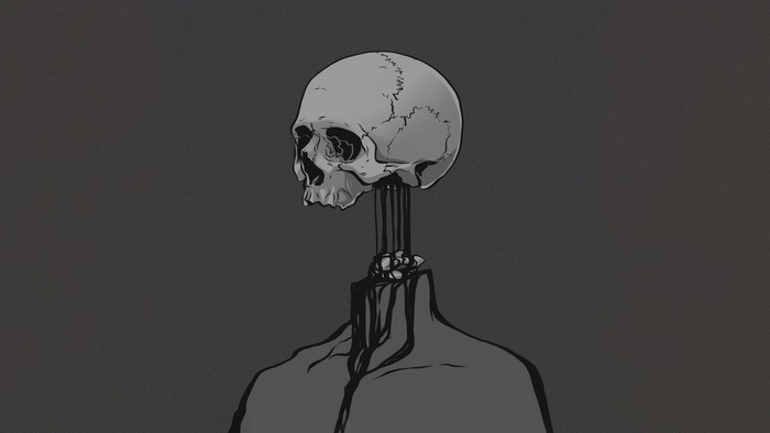 Monochrome artwork of a skull on a simple background