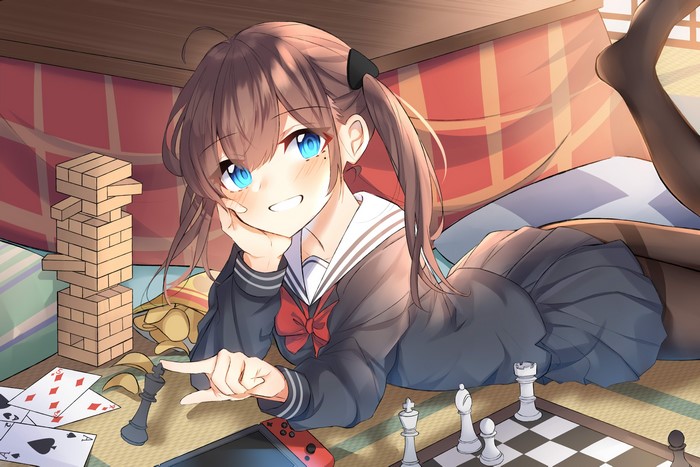 Yanggang Anime Girl Playing Chess and Cards
