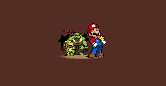 Mario and Teenage Mutant Ninja Turtles on brown background
